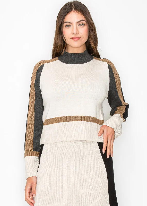 High Neck Cream and Brown Knit Sweater