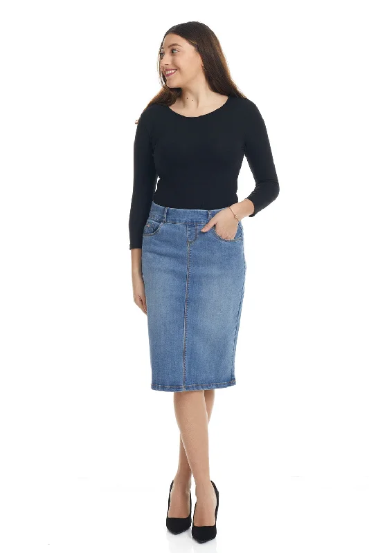 Blue Modest Knee Length Straight Denim Skirt with Pockets 'Manhattan'