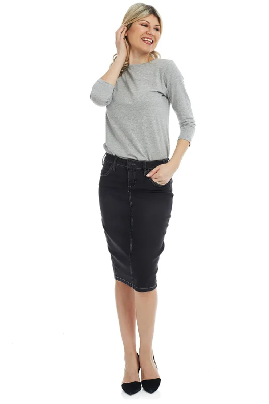 Black Stonewash Knee Length Denim Skirt with Pockets 'Miami'