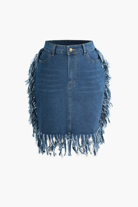 Solid Denim Fringe High Waist Mini Skirt