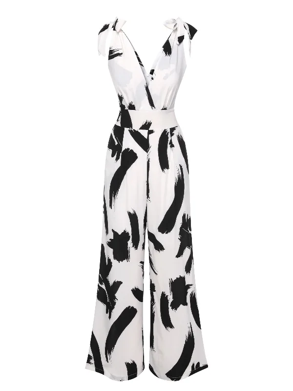 Black & White 1940s V-Neck Bohemian Jumpsuit