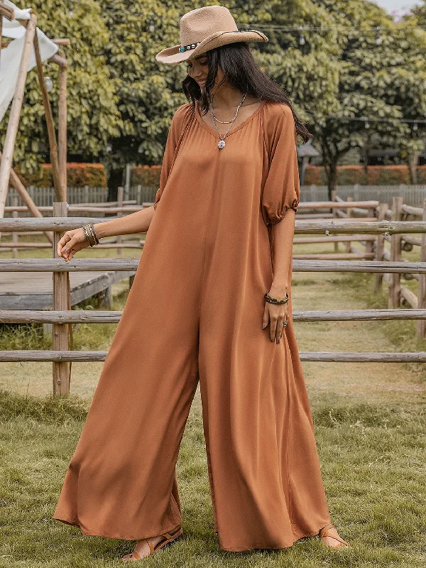 Scoop Neck Half Sleeve Wide Leg Jumpsuit