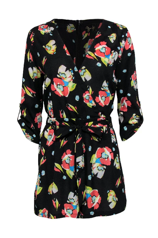 Yumi Kim - Black Floral Print Long Sleeve Belted Romper Sz M