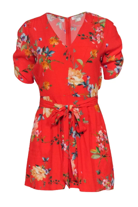 Yumi Kim - Red Floral Print Short Sleeve Belted Romper Sz M