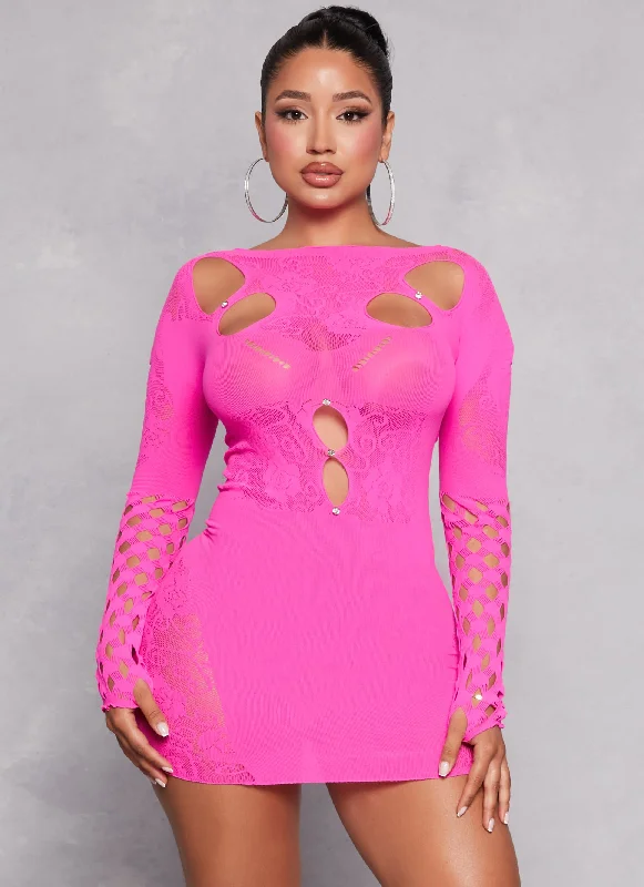 Seamless Rhinestone Long Sleeve Cut Out Mini Dress