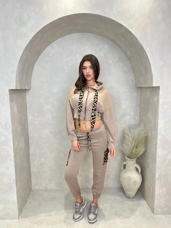 Taupe Leopard Cropped Zipped Hoodie